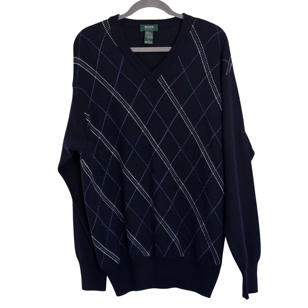 Hugo Boss Golf Merino Wool V Neck Argyle Sweater Men Large Navy Blue Italy